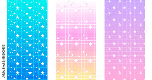 Gradient star patterns in pastel y2k colors - purple sparkles, pink to yellow diamond dots and turquoise sparkle designs. Retro aesthetic wallpapers for nostalgic bg and kawaii dreamy elements.