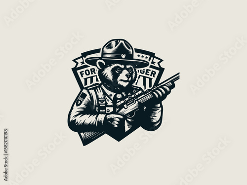 Vintage badge-style forest ranger mascot vector logo for wildlife protection agencies