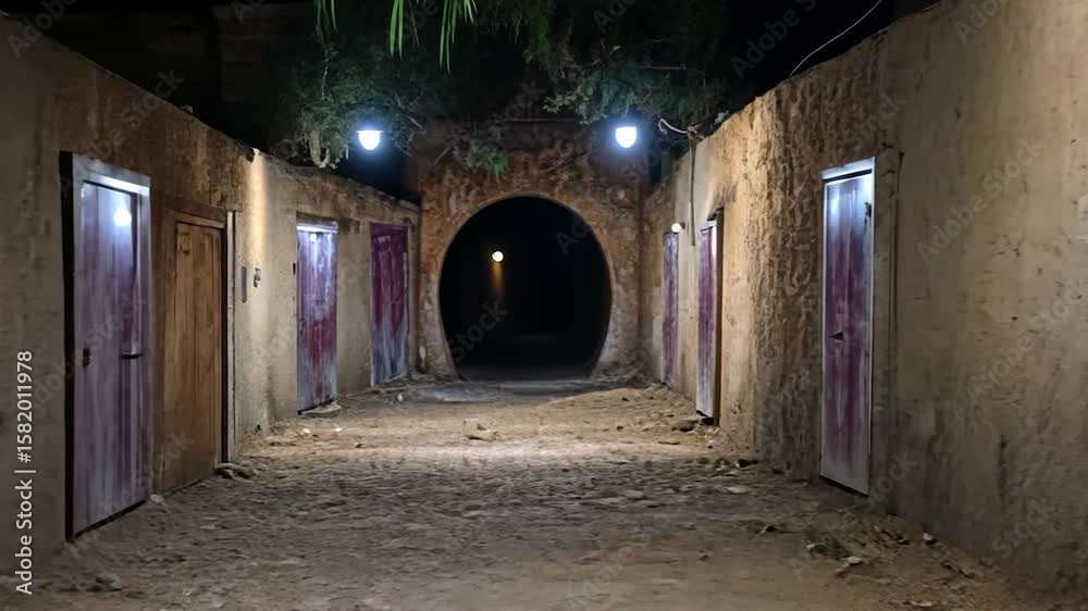 Night scene of a narrow alleyway with earthen walls and wooden doors, illuminated by soft lamplights. The path leads to a dark archway at the end