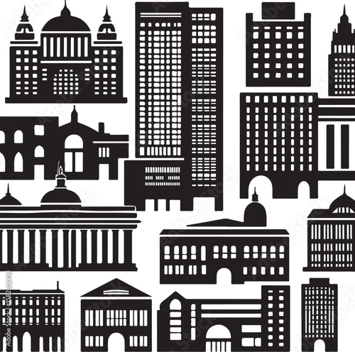 Diverse black building silhouettes with windows and architectural details architecture buildings