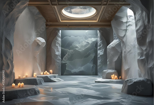 Serene cave interior with candles and skylight for meditation space