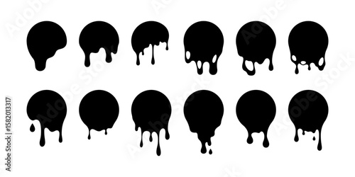 Paint drip circle. Melted liquid splatter. Black paint liquid. Vector isolated on white background.