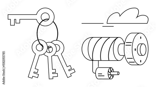 Three keys on a keyring next to a door lock cylinder and cloud. Ideal for security, access control, privacy, protection, home safety, authentication, and technology. Simple flat metaphor