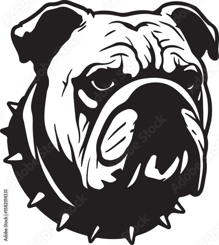 Classic bulldog face in black and white stencil style strong jawline thick lines Adobe Illustrator Artwork