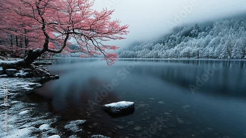 Pink tree branches covered in snow hang over a tranquil lake.  The snow-covered shoreline and misty mountains create a serene winter scene.  Soft light enhances the pink tones of the tree against the