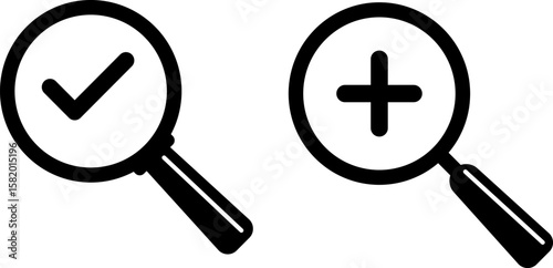 Search Icon. zoom scale Magnifying glass for research and find. look magnifier loupe sign.  loupe with check mark sign. Plus and minus zoom tool symbols
