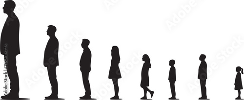 Diverse group silhouettes showing varying heights and ages people adults
