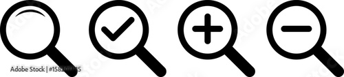 Search Icon. zoom in and out scale Magnifying glass for research and find. look magnifier loupe sign.  loupe with check mark sign. Plus and minus zoom tool symbols

