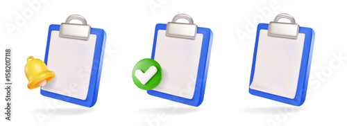 3d blue clipboard icons with blank sheet of paper isolated. Render clipboard with 3d document for notes, contracts, schedule, work planning, checkmark and bell notification.