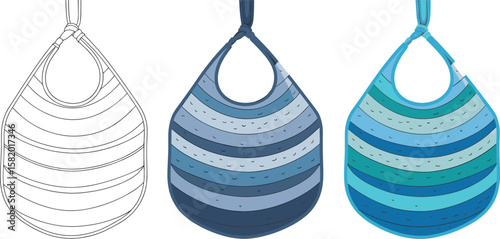Colorful striped baby bib flat sketch design, vector template with outline, infant accessories, drool bib fashion illustration for kids