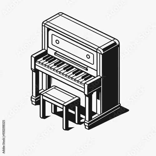 Isometric illustration of a vintage piano with a matching bench  