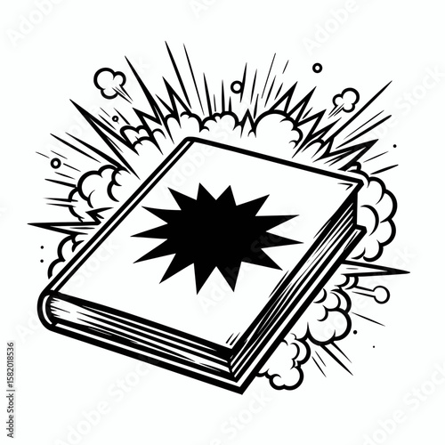 Exploding book with comic style effects and dynamic motion lines  