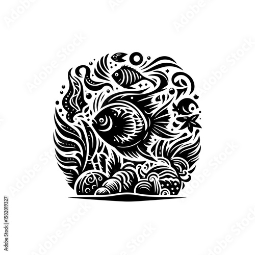 Black and white illustration of fish swimming among seaweed and rocks in a circular composition.