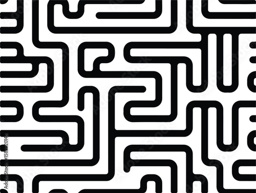 Abstract black and white maze pattern with rounded corners isolated on white background