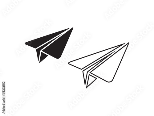 Two paper airplanes one solid black and one outlined isolated on white background
