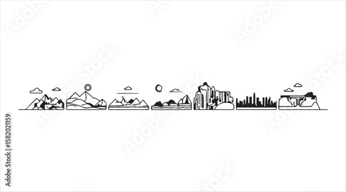 Line icon set featuring different landscapes.
