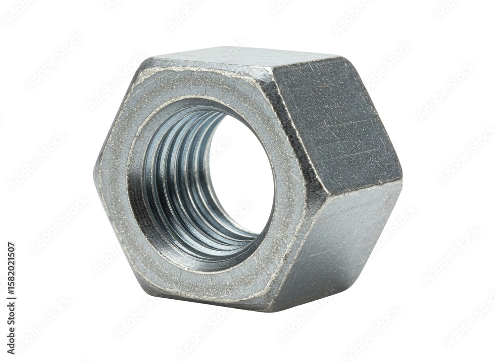 Metal hex nut fastener with internal threads isolated on transparent background Metal hex nut fastener with internal threads isolated on transparent background
