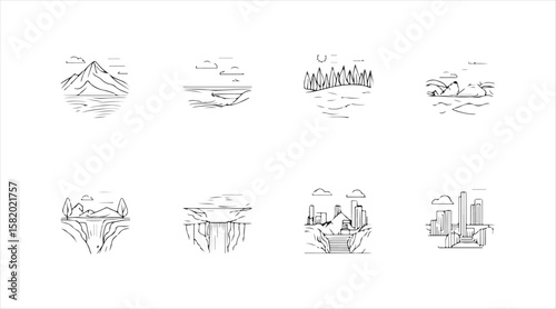Set of line icons depicting landscapes.
