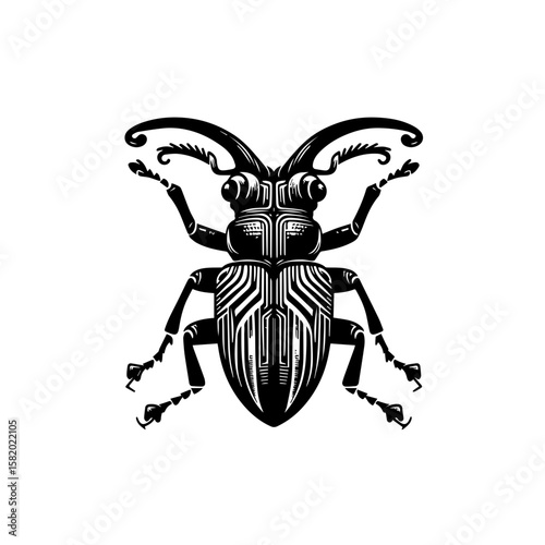 Stylized black and white illustration of a longhorn beetle, detailed intricate design.