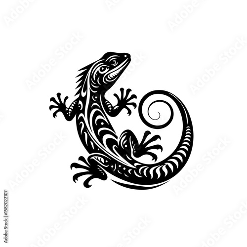Stylized black and white iguana, intricate tribal design, reptile art.