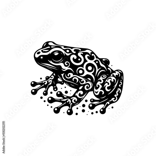 Ornate black and white illustration of a frog, detailed patterns covering its skin.