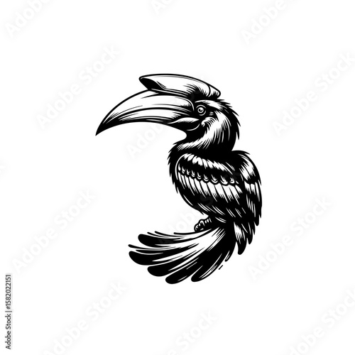 An intricately detailed black and white illustration of a toucan bird, showcasing its prominent beak and plumage.