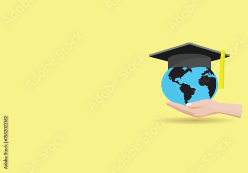 Hand holds a globe symbolizing education and global achievement, Ideal for educational content, graduation announcements, or international studies,