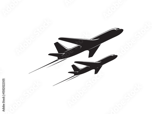 Two silhouette airplanes ascending with speed lines isolated on white background
