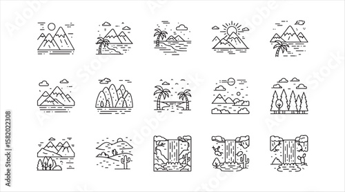 A collection of line icons representing various landscapes.

