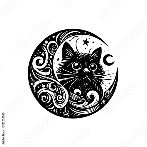 Celestial Cat: A whimsical illustration depicts a charming black cat gazing peacefully from within a crescent moon, surrounded by intricate stars, creating a mesmerizing and enchanting scene.
