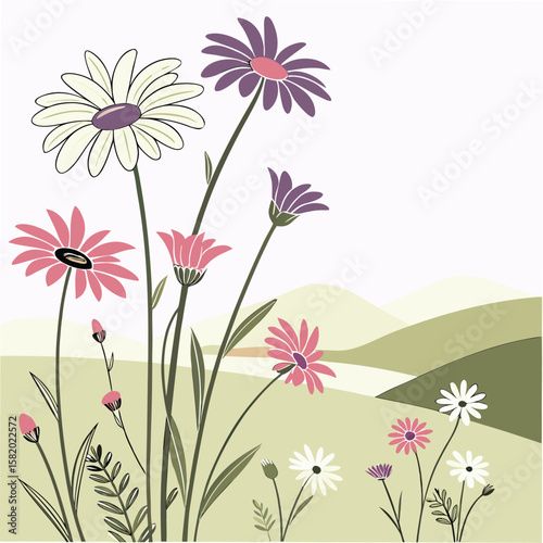 Beautiful Spring Meadow: Floral Illustration with Rolling Hills