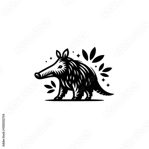 Aardvark Illustration: A stylized illustration of an aardvark, a unique mammal with its distinctive snout and stout body, a graphic representation with botanical accents.