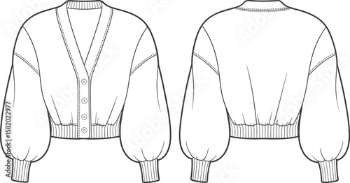 Fashion flat sketch of cropped cardigan with puff sleeves, button front, ribbed hem, V-neck, technical illustration for women’s wear