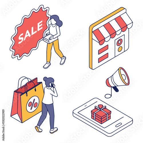 Isometric illustration of people shopping online and in store with sale signs shopping bags a storefront a gift on a smartphone and a megaphone for promotion