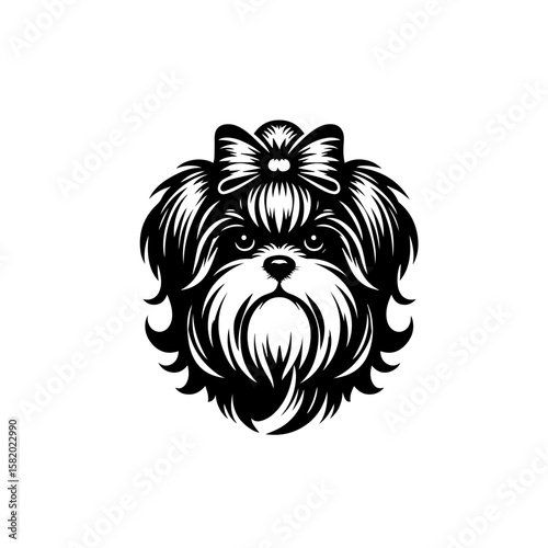Shih Tzu Puppy Portrait: Elegant black and white vector illustration of a Shih Tzu puppy, wearing a bow. The image is perfect for pet lovers, pet businesses.
