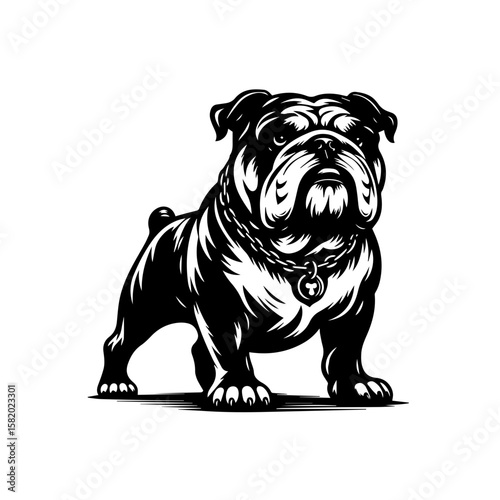 Majestic Bulldog Illustration: A powerful and majestic bulldog, depicted in a striking black and white illustration, stands proudly, showcasing its muscular build and confident demeanor.