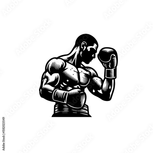 Strength and Strategy: An imposing boxer, etched in bold lines, embodies the intensity of the sport, showcasing muscular form and focused gaze, hinting at the strategic mind behind the physical power.