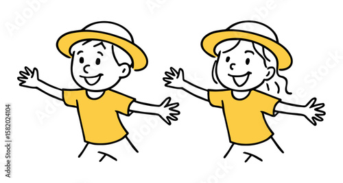 Boy And Girl in Sun Hat with Outstretched Arms. Playful Pose, Smiling Expression, Fun And Summer Concepts. Hand-Drawn Doodle Style Line Vector Illustration