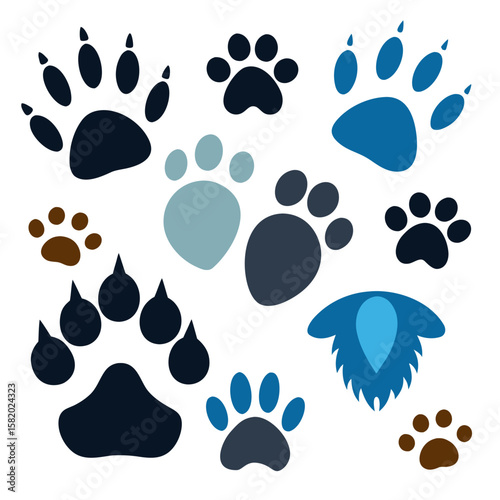 Paw Prints Collection: A diverse set of paw prints in various shades of blue and brown, suitable for design projects related to pets, wildlife, or nature themes. 