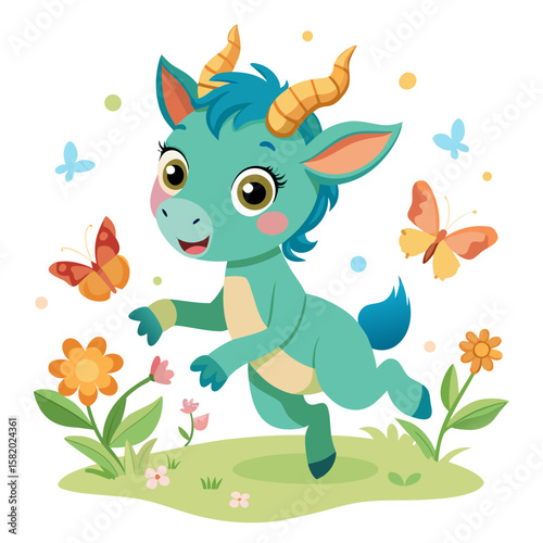 Playful Goat in a Vibrant Garden: A whimsical illustration presents a cheerful cartoon goat frolicking amidst colorful flowers and fluttering butterflies.
