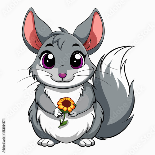 Whimsical Chinchilla and Sunflower: A delightful cartoon chinchilla cradles a vibrant sunflower, emanating joy and playfulness. With a serene expression and large, expressive eyes.