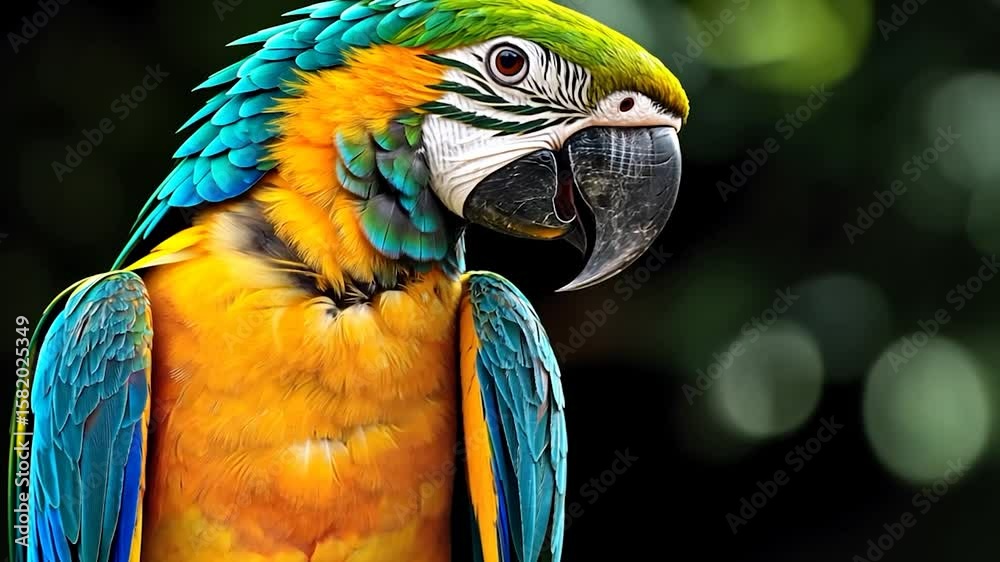 Vibrant blue and gold macaw parrot portrait against a dark, blurred background. The bird is sharply in focus, showcasing its detailed plumage and intense gaze