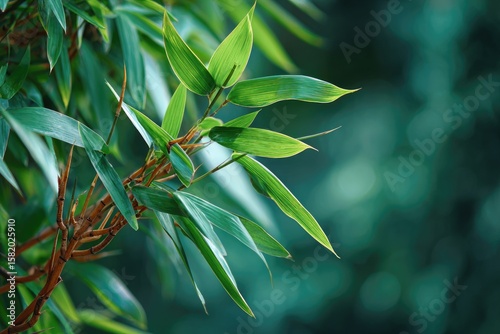 Lush green bamboo leaves and reddish-brown stems against a blurred, dark-green background.  Close-up view showcasing vibrant foliage and texture