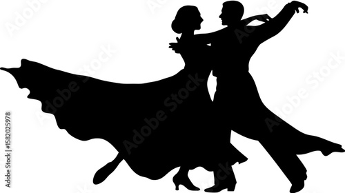 Silhouette of a couple ballroom dancing with the woman in a flowing dress in a dynamic pose together