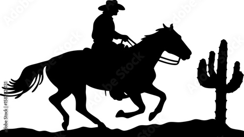 Silhouette of a cowboy riding a horse next to a saguaro cactus in a desert landscape scene art