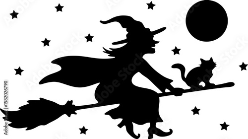 Silhouette of a witch riding a broomstick with a cat under the moon surrounded by stars in the night sky