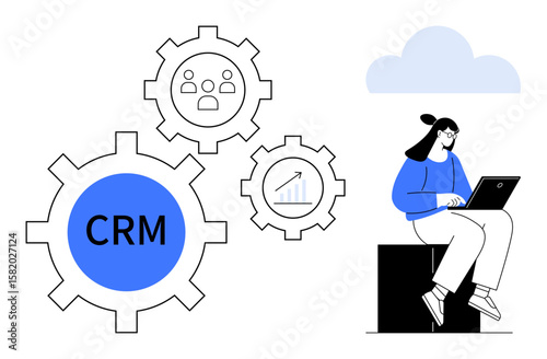 Gears labeled CRM, graph, and team icons beside a woman on a laptop. Ideal for customer management, team collaboration, process optimization, analytics, workplace solutions, digital tools or