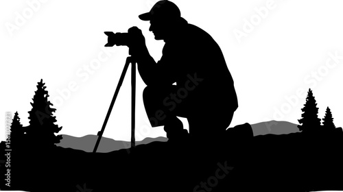 Silhouette of photographer with camera on tripod in nature landscape with trees and mountain range view