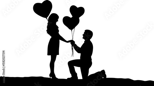 Silhouette of a man proposing to a woman with heart shaped balloons in black and white illustration