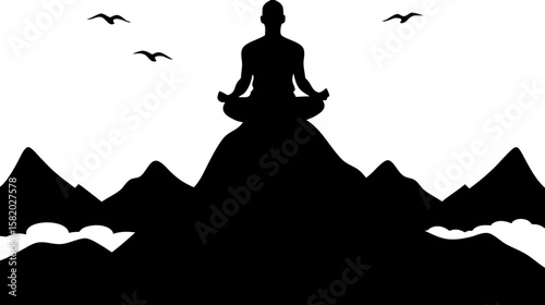 Silhouette of a person meditating on a mountain peak with birds flying above a mountainous landscape view